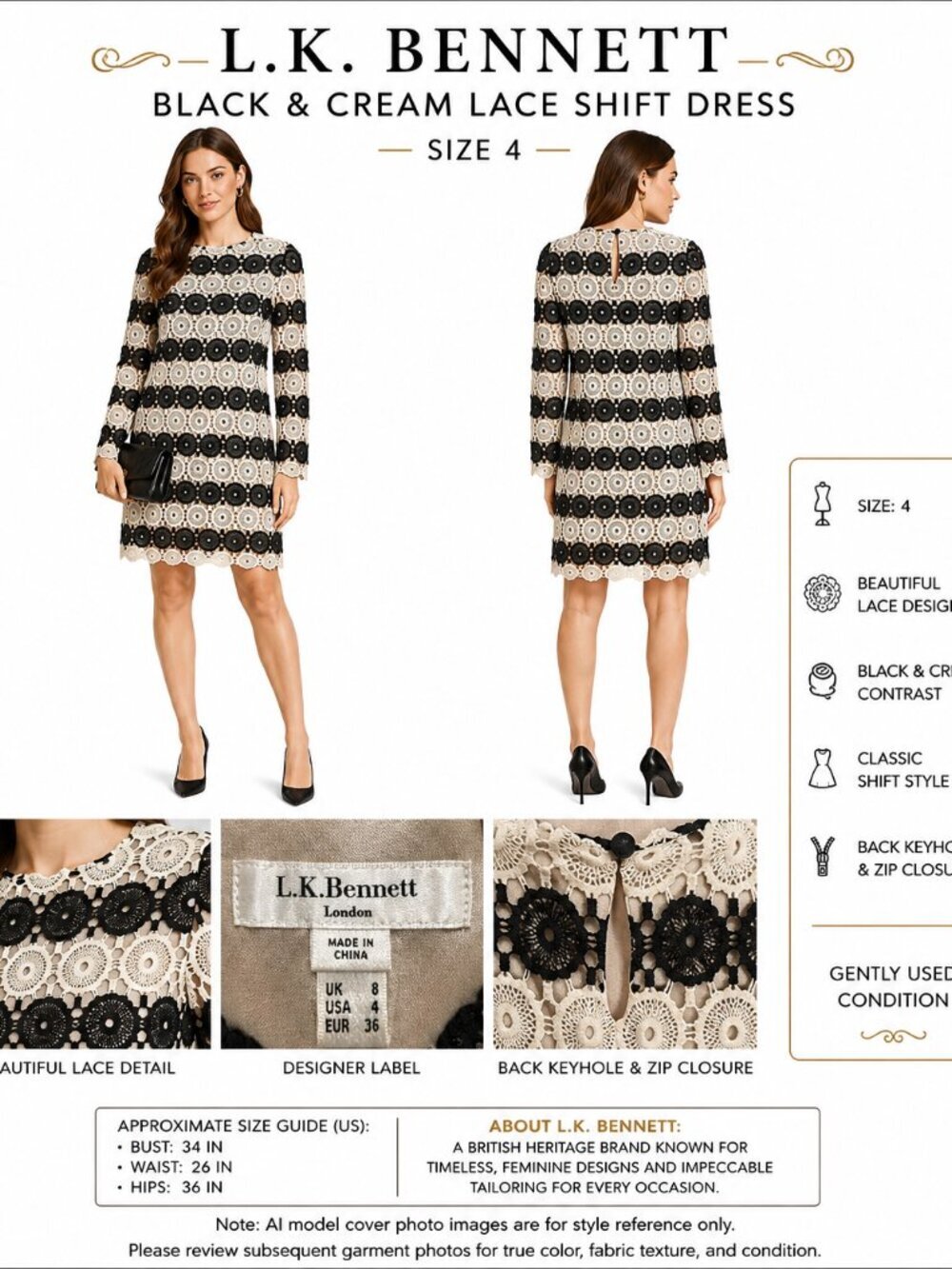 LK BENNETT Black Cream Lace Shift Dress US 4